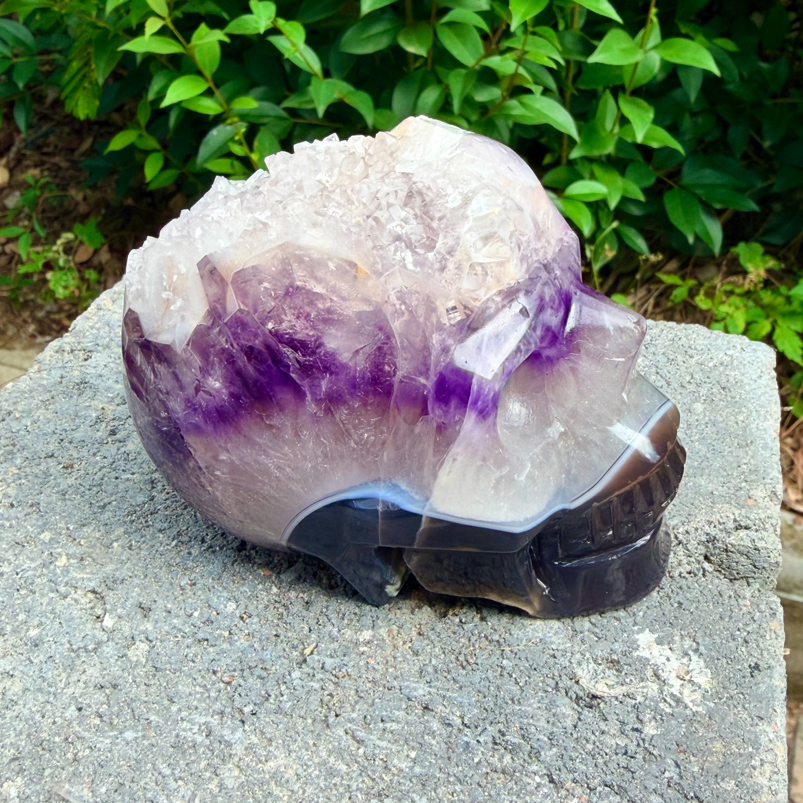 1.87lb Amethyst agate crystal cave skull, Rare hand carved skull specimen