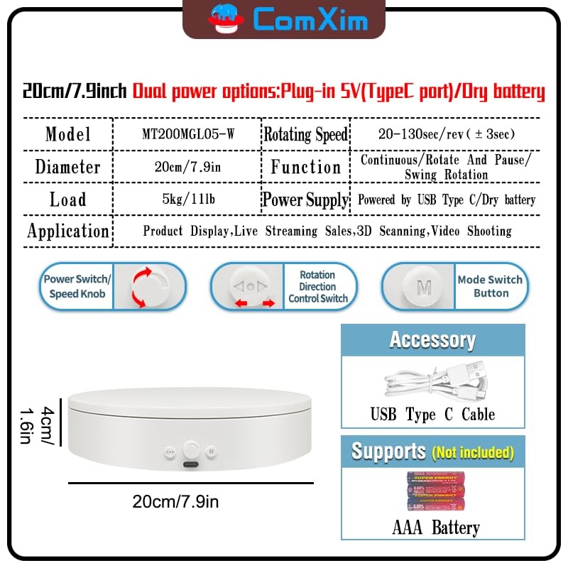 Rotating Display Stand with -Power Cable, 360 Motorized Turntable Adjustable