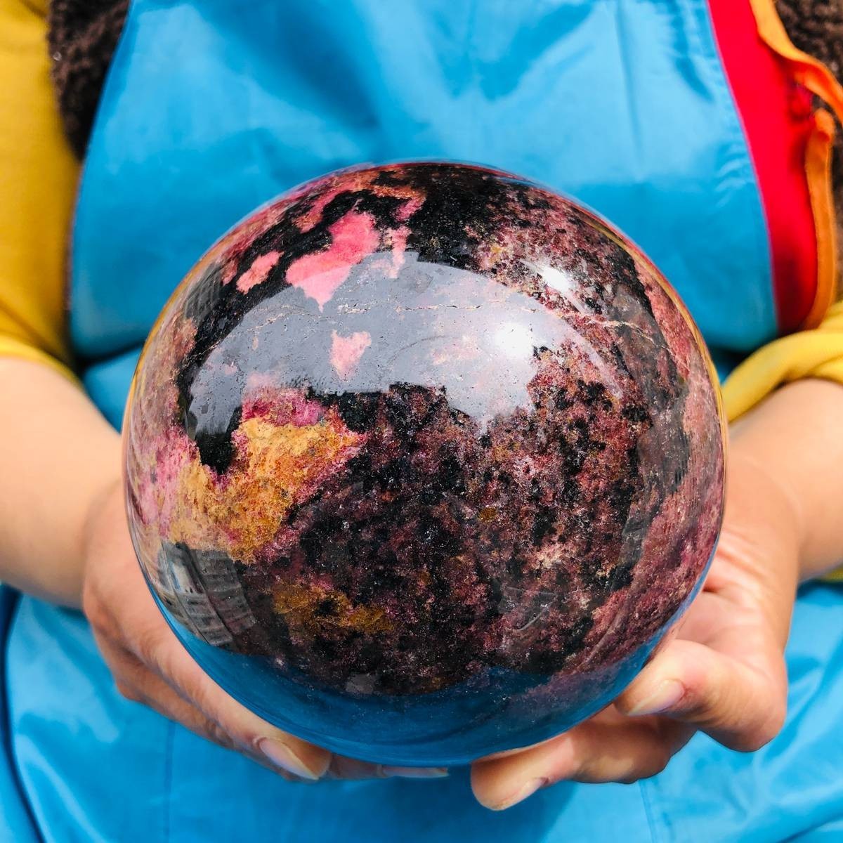 6.6LB Natural Rhodonite Crystal Sphere Pink Black Healing Gem Stone 4802