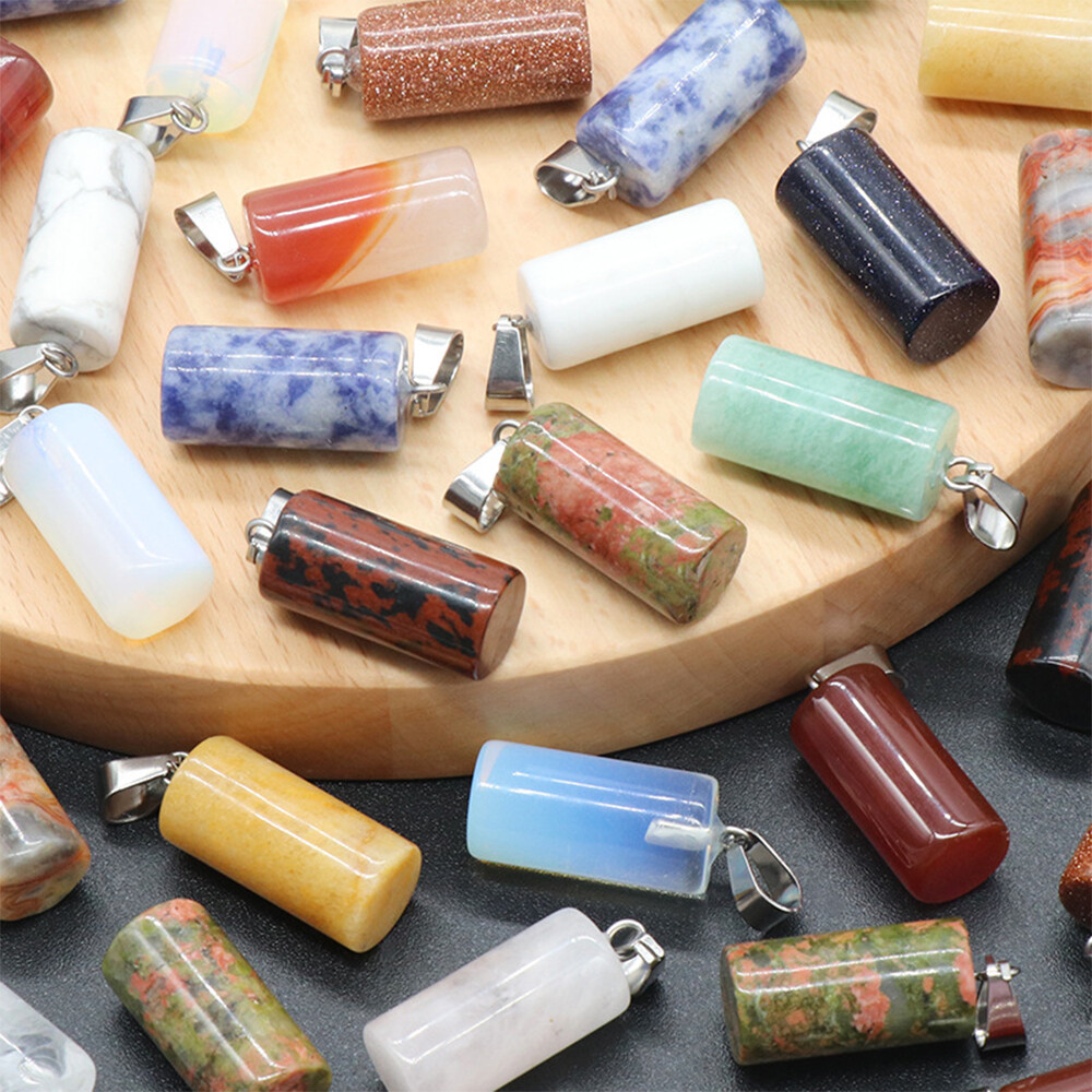 10x20mm Mini Natural Crystal Cylinder Pendants Stone Charms Chakra Bead Necklace
