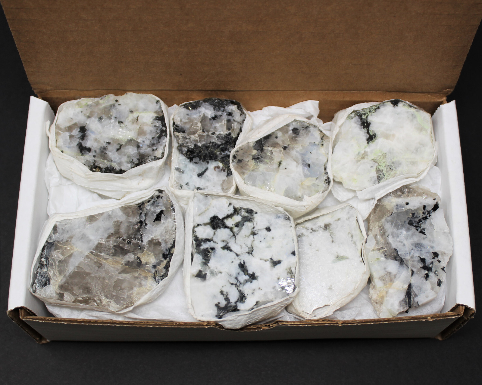 Rainbow Moonstone Premium Natural Rough Specimen Box: 8 or 12 Piece ‘AAA’ Grade