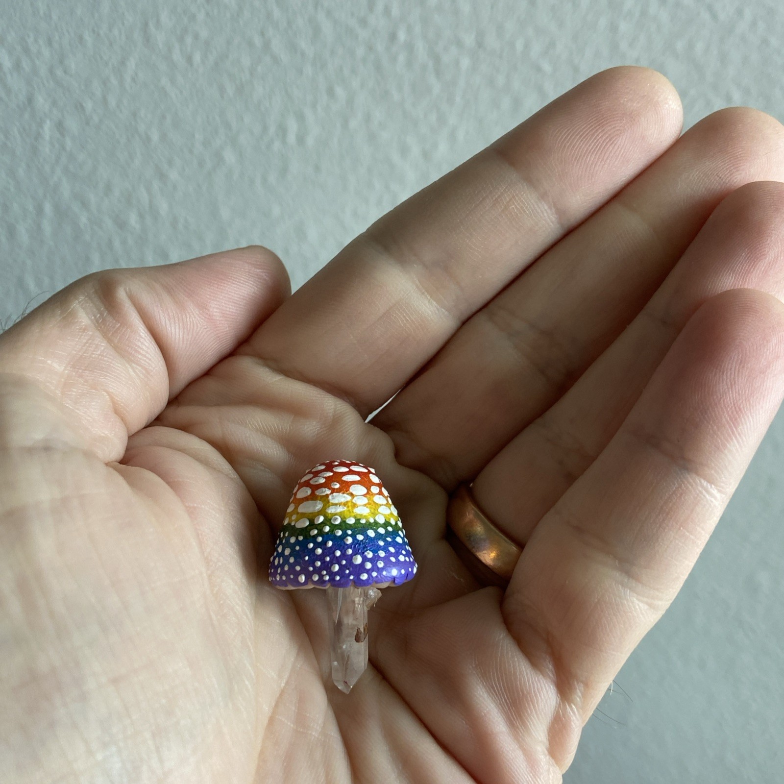 Handmade Clay Amanita Mushroom Lemurian Clear Quartz Crystal Point Rainbow Pride