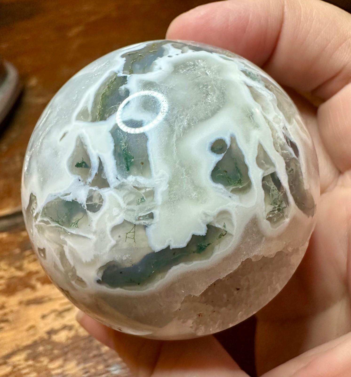 Light green moss agate crystal sphere with druzy metal stand Free shipping