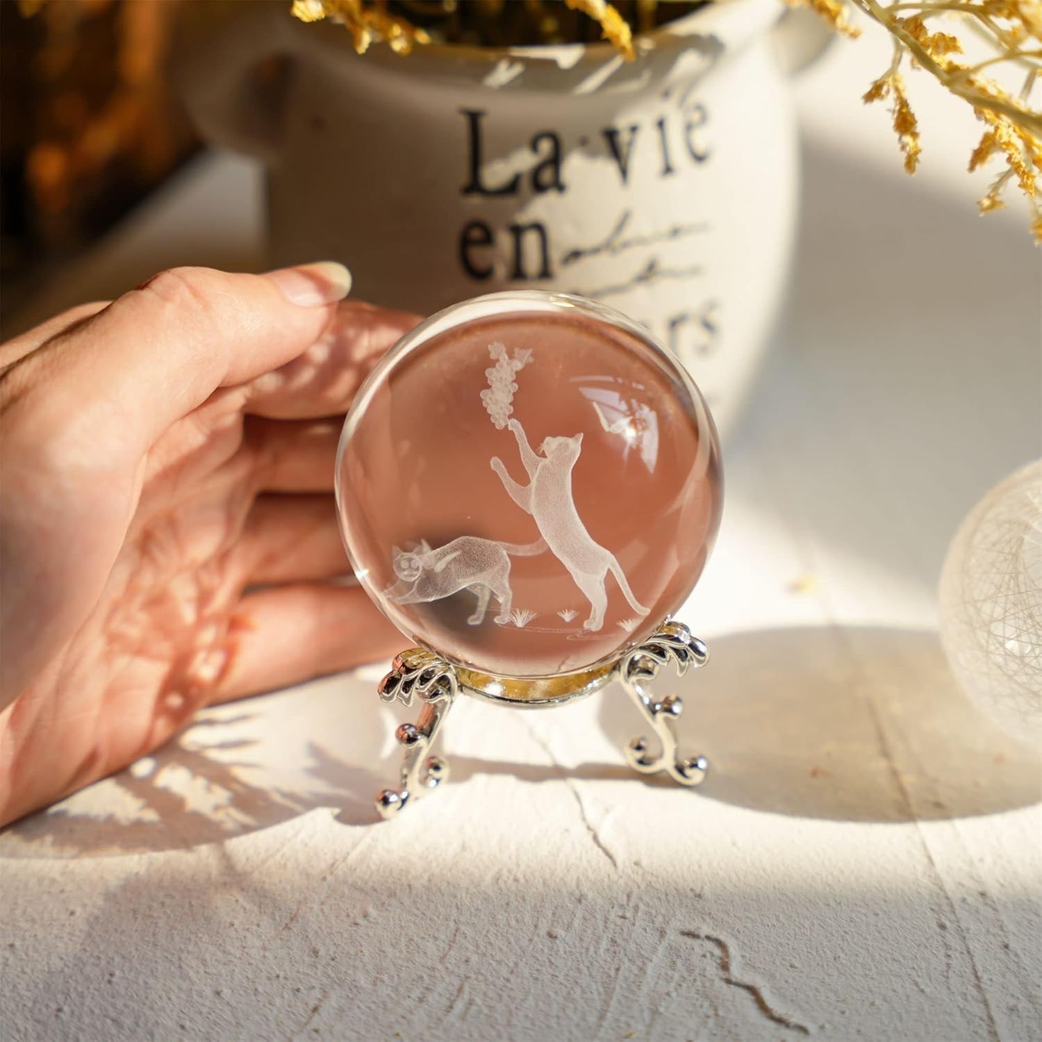 Cat Crystal Ball with Stand 60mm 3D Laser Engraved Decorative Ball Glass Sphe…