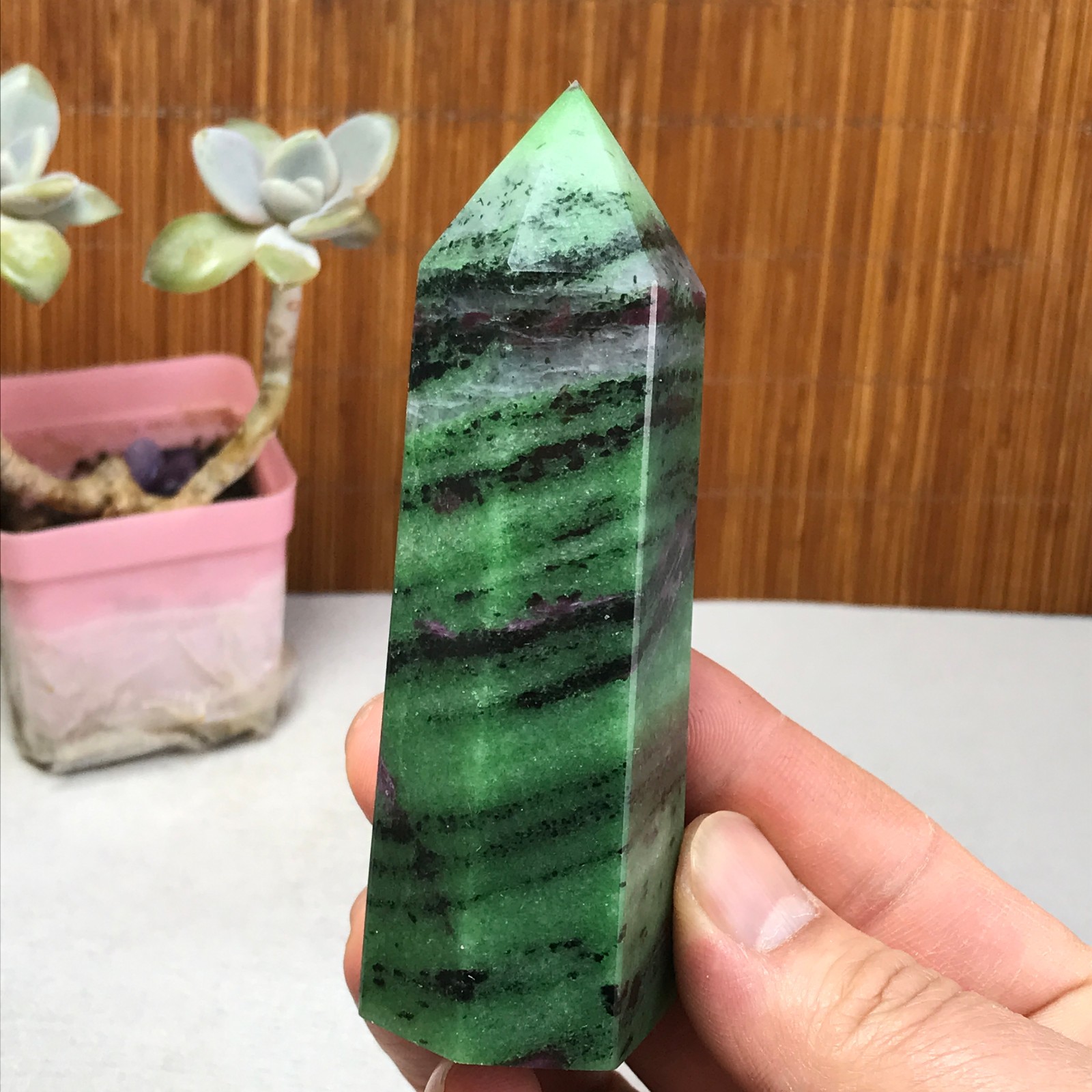 101-35-28mm Natural epidote wand Obelisk Crystal Quartz specimens 210g A3467