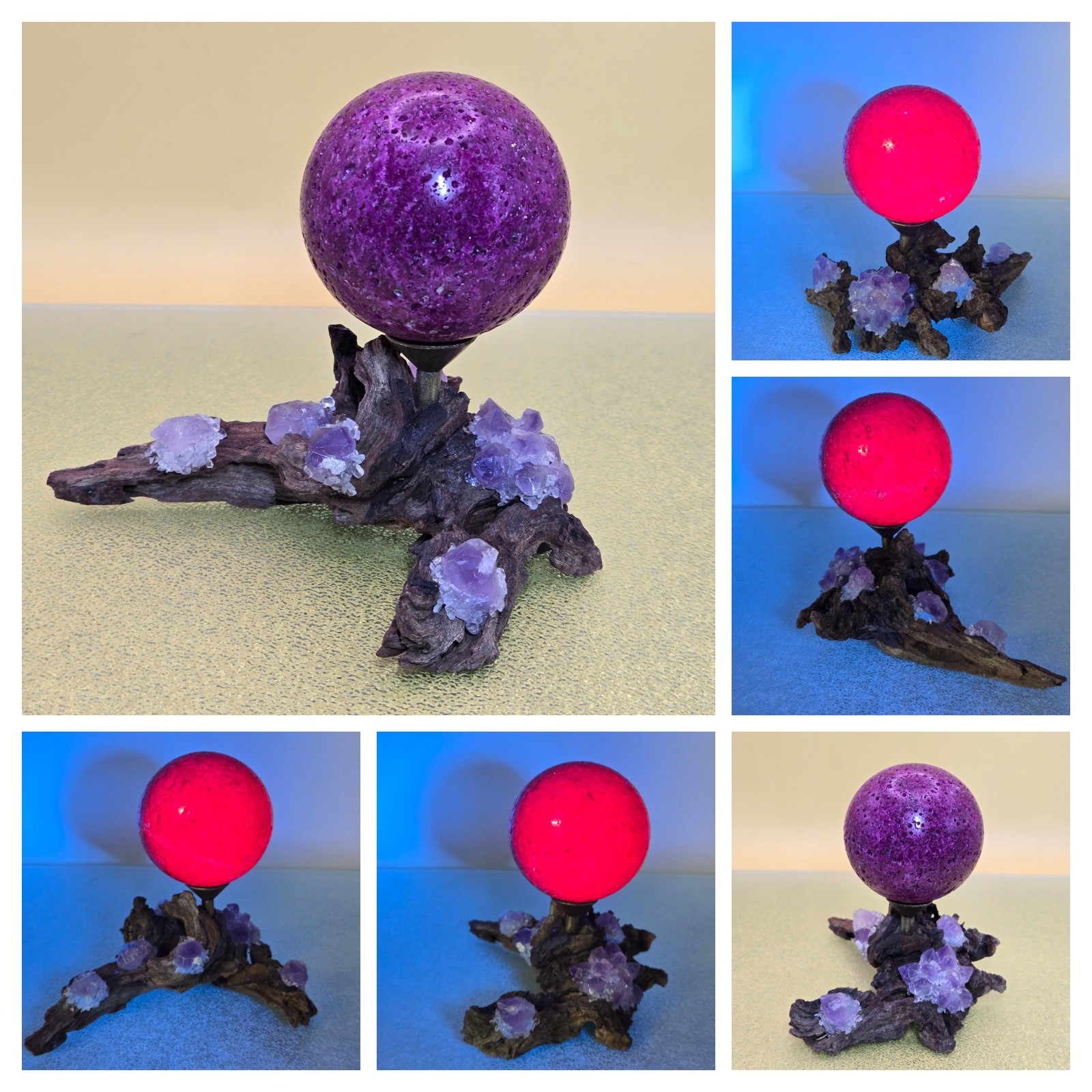 320G Pink UV Ruby Corundum Sphere Crystal Ball Reiki Healing With Wood Stand