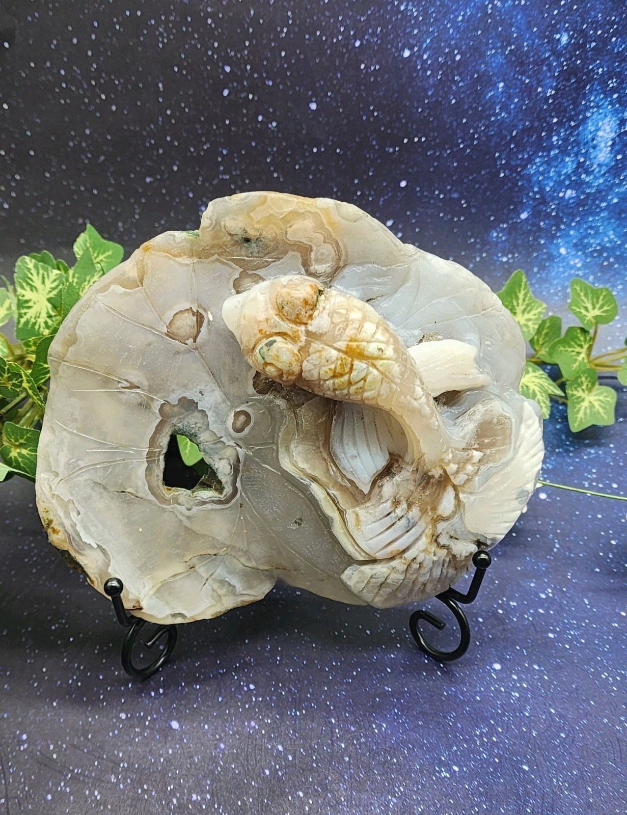 Flower Agate Koi Fish On Lily Pad Carving Unique Handcrafted Crystal Art /Stand
