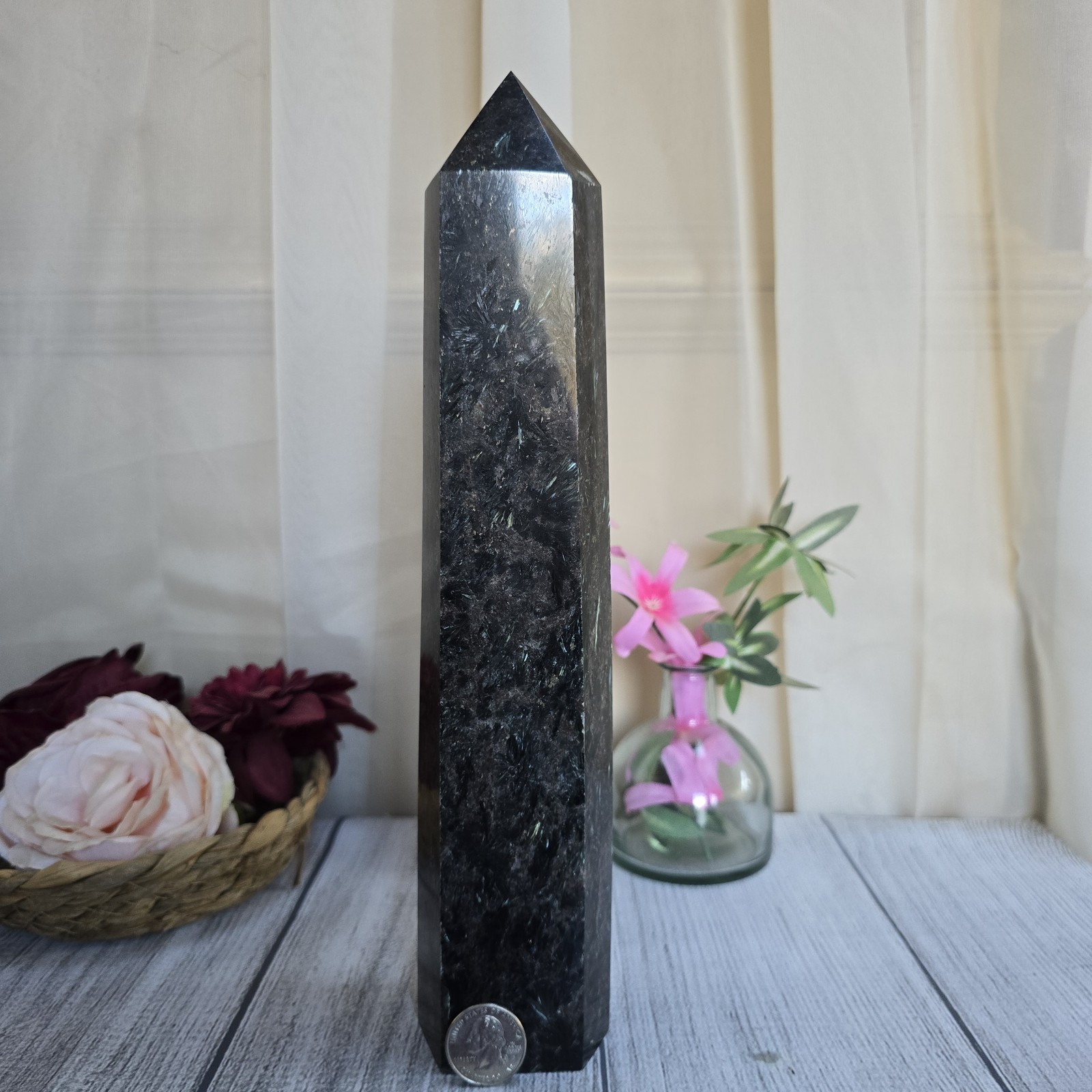 XL 11.5″ Arfvedsonite & Garnet Blue and Gold flashes Fireworks Stone Tower