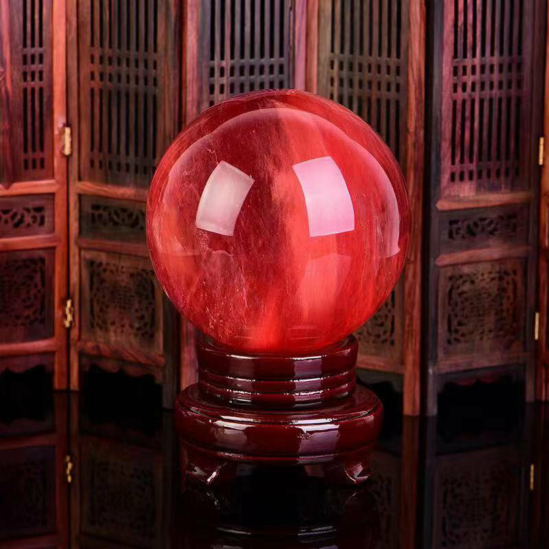80mm Large Natural Red Smelting Stone Quartz Crystal Sphere Ball Decor + Stand
