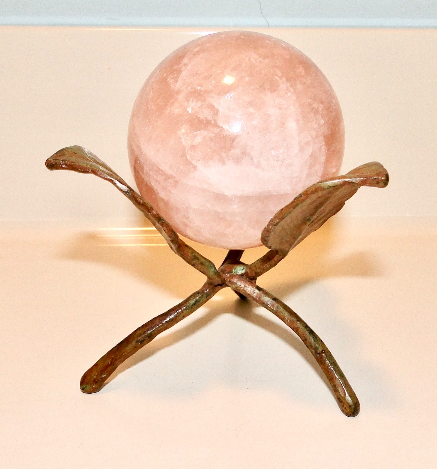 Pink ROSE QUARTZ ORB Ball Sphere + Brown Metal TWIG STAND 4 3/4″ Tall
