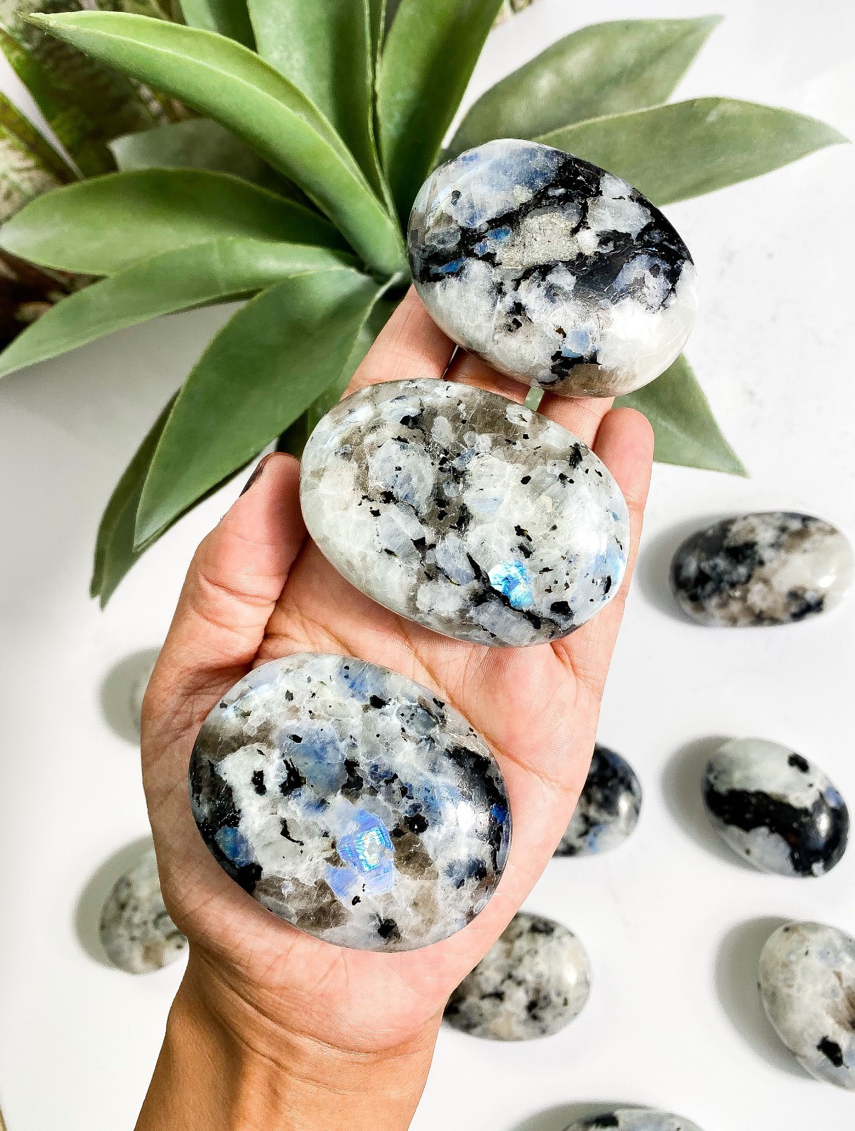 Natural Rainbow Moonstone Palm Stone Polished Gemstone Free US Shipping