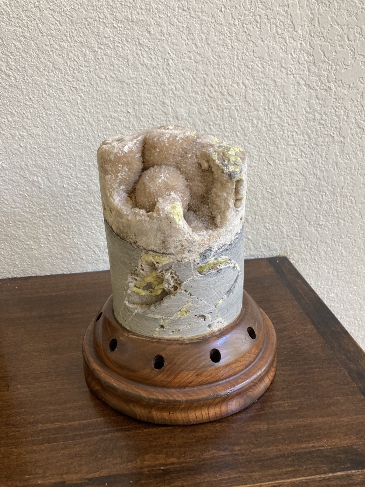 Natural Geological Drill Core w Crystals on Walnut Wood Pen Holder Display Base