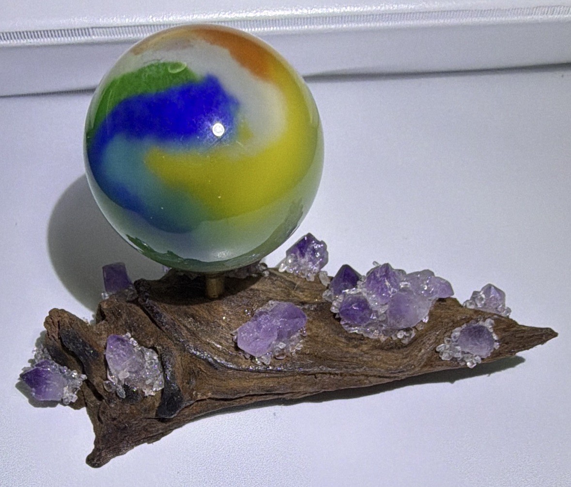 Rainbow Glass Sphere Mineral Display Specimen on Wood Stand w Purple Clusters