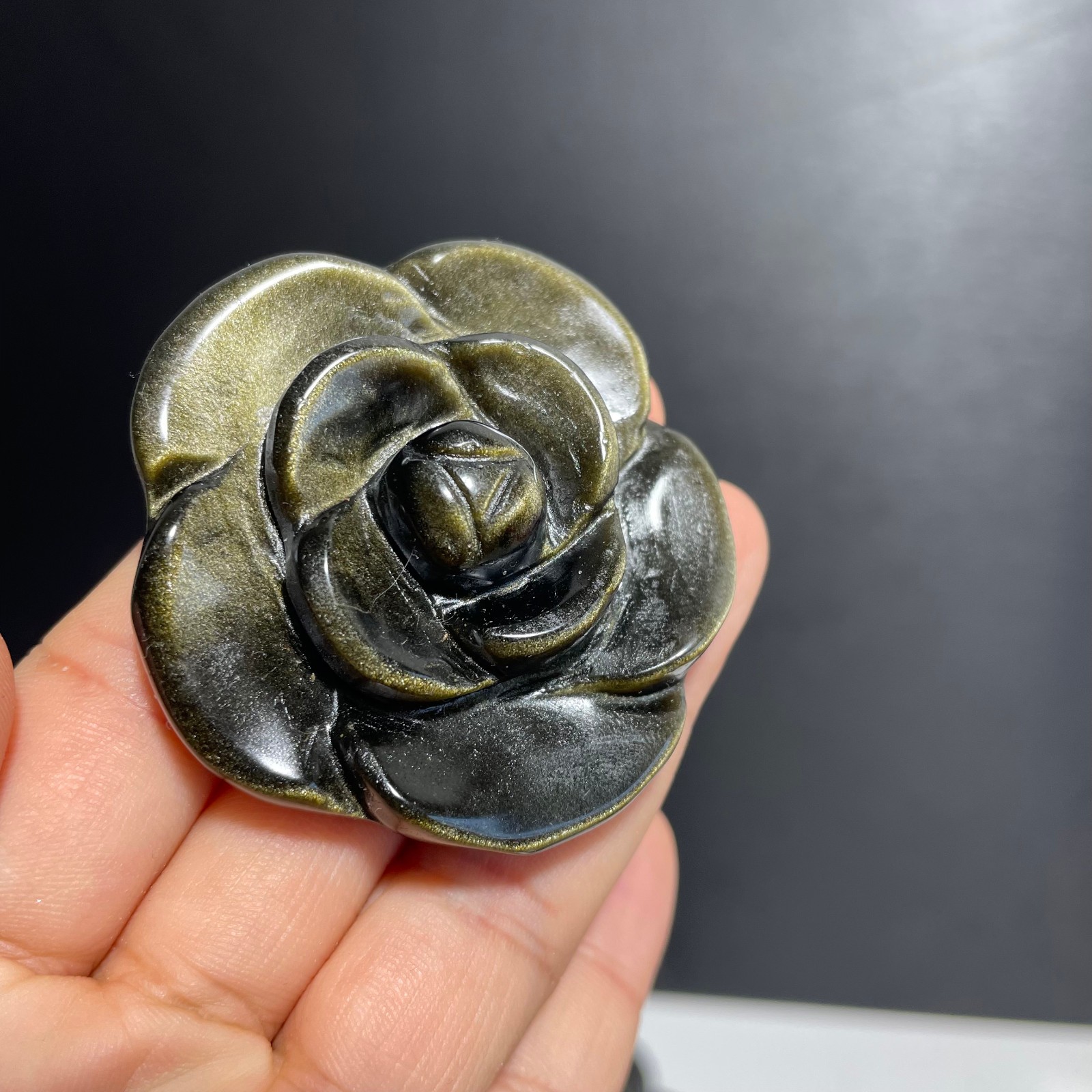 1PC Natural Golden Obsidia Quartz Carved Rose Flower Skull Crystal Reiki C1601