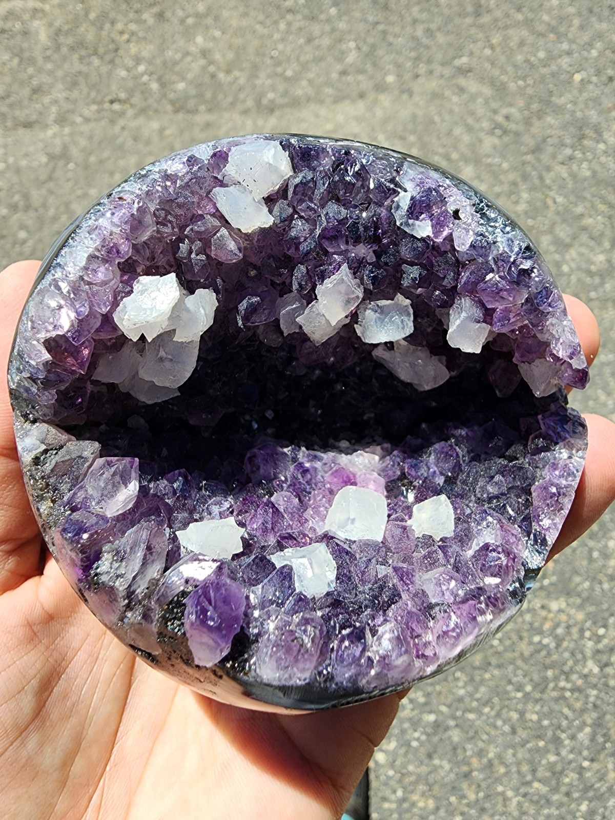 Lg 785g Amethyst Geode Sphere Natural Agate Band White Calcite Crystal Display