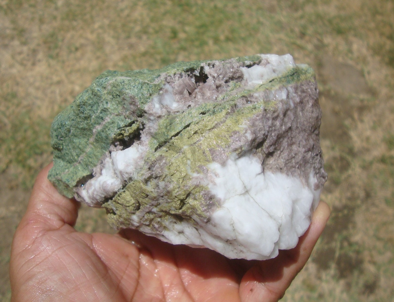 Light purple Axinite, green Epidote, and white Quartz, Stanislaus Co., CA