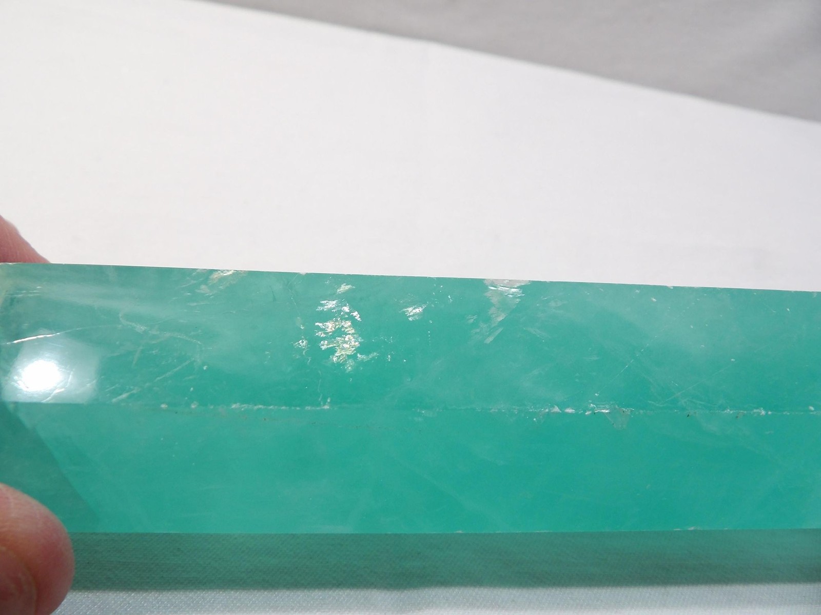 Green fluorite crystal tower, hexagon column obelisk, 6.75L X 1.75W, translucent