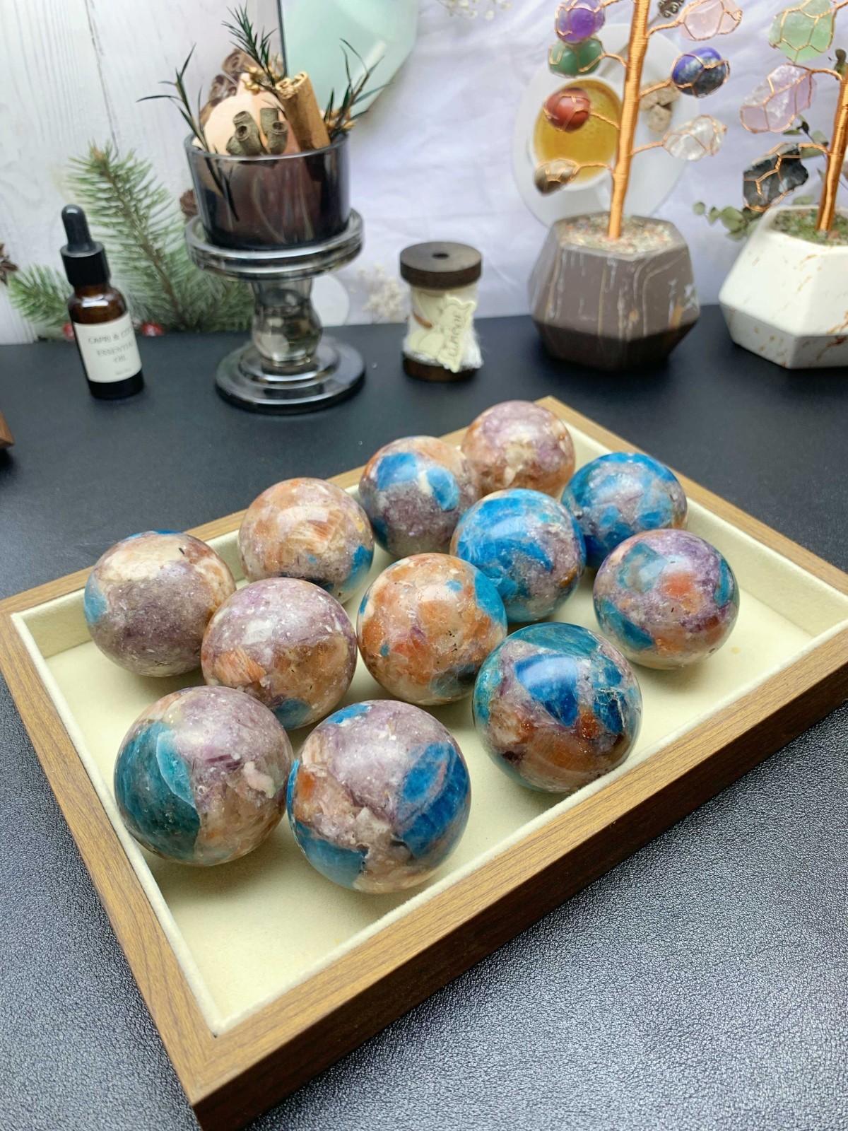Composite Crystal Sphere 5cm, Apatite Sunstone Purple Mica with Wooden Stand