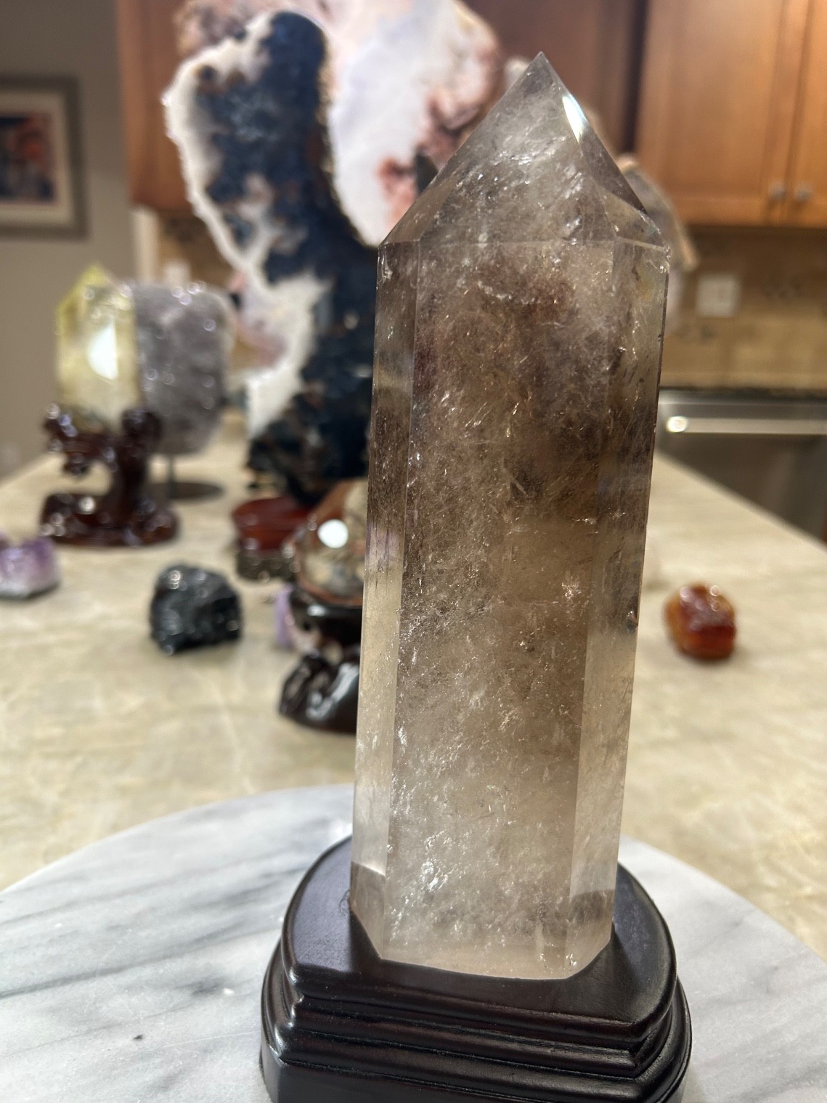 Smoky quartz tower with custom wood stand