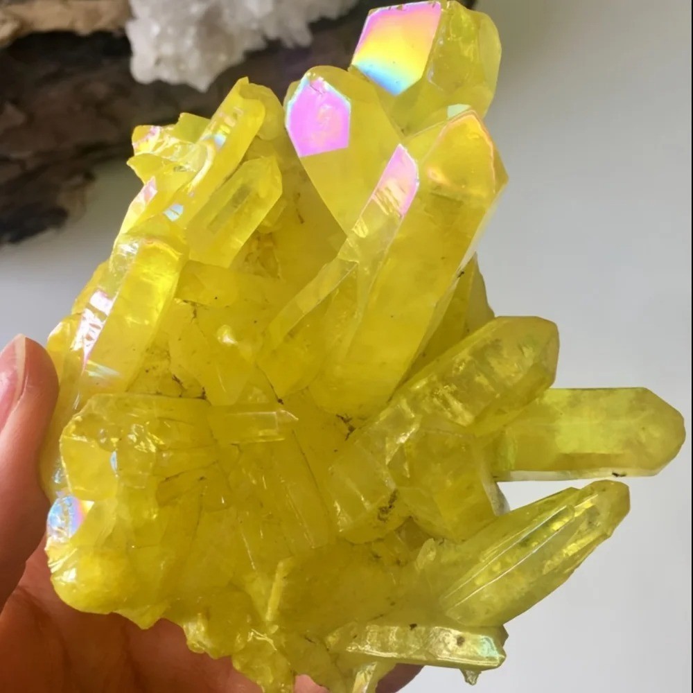 Natural Aura Yellow Citrine Crystal Titanium Cluster Healing Mineral Specimen US