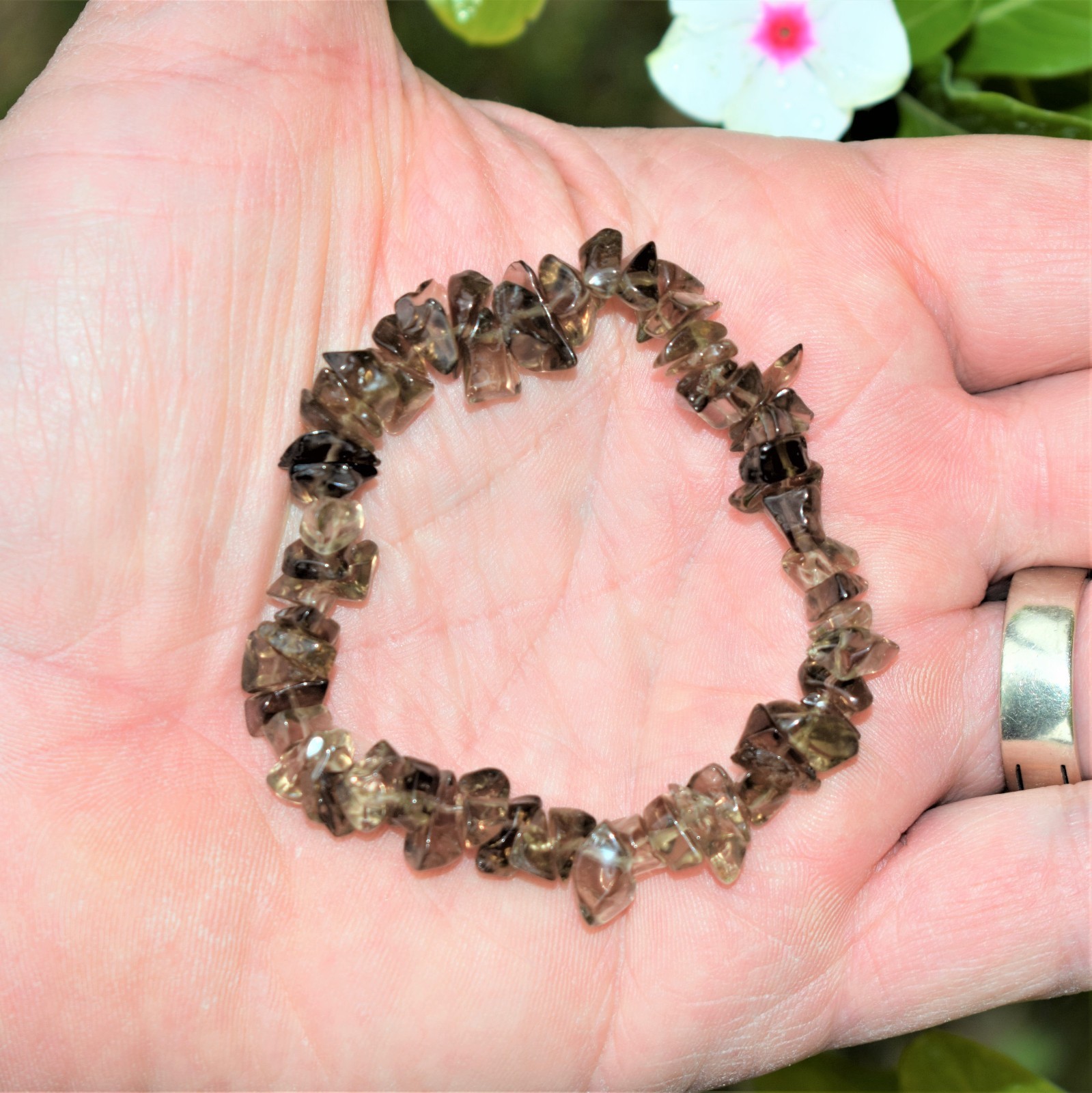 CHARGED Smokey Quartz Crystal Chip Stretchy Bracelet + Baby Selenite Puffy Heart