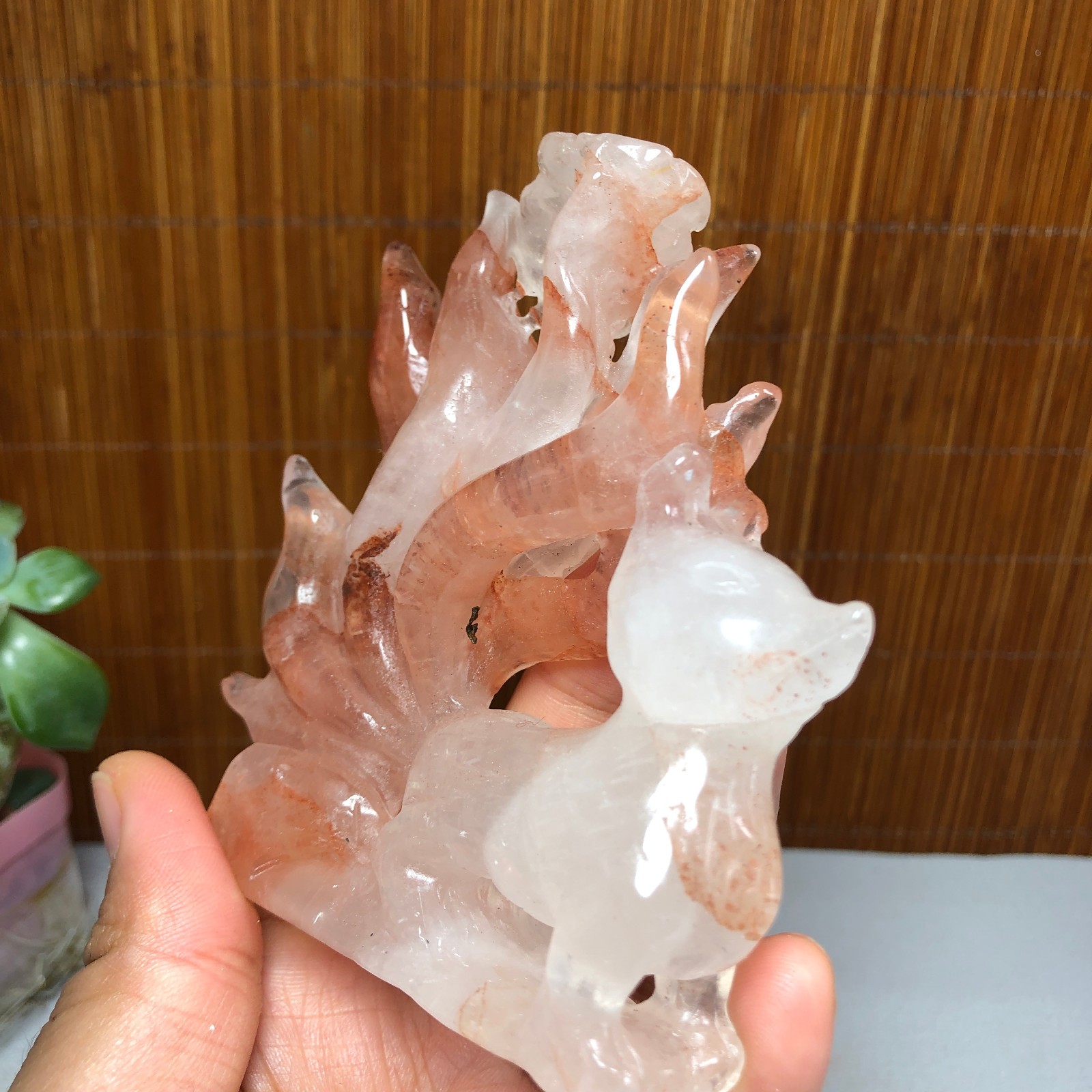 91mm Natural Red gum flower crystal carved Nine Tailed Fox specimens 175g A1799