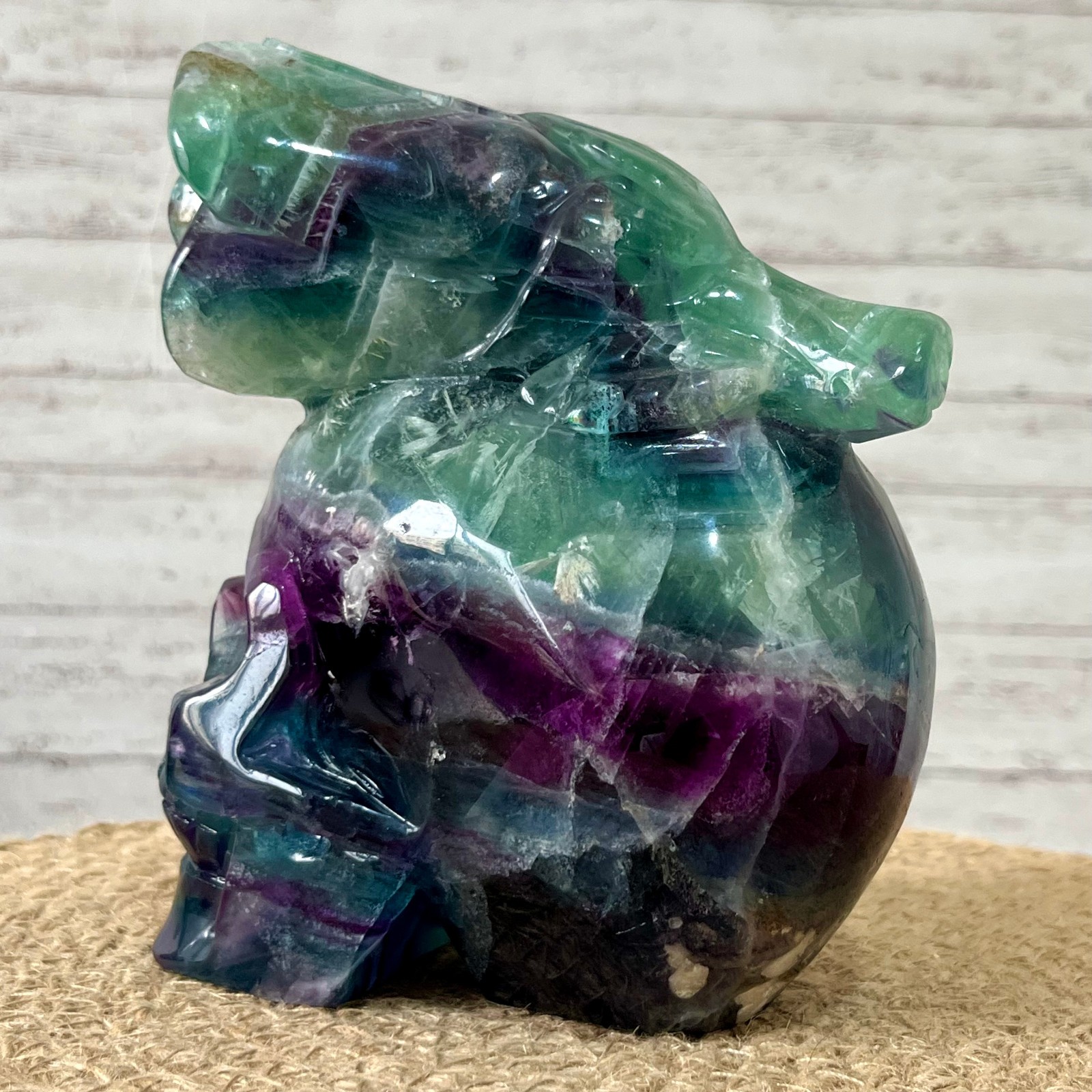 Fluorite Skull Carving with Rose Top – Natural Crystal Healing Decor Gift 3.9 lb