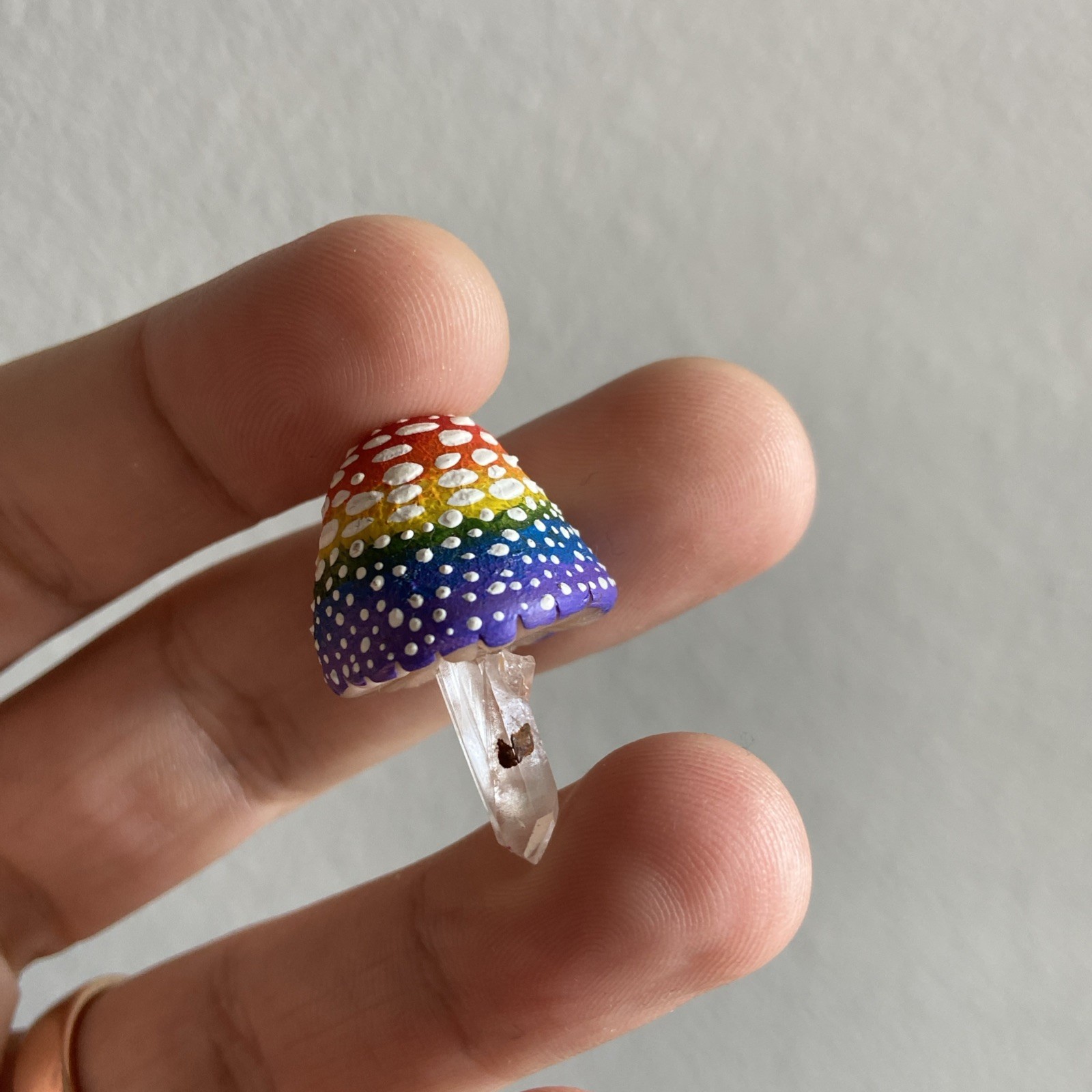 Handmade Clay Amanita Mushroom Lemurian Clear Quartz Crystal Point Rainbow Pride