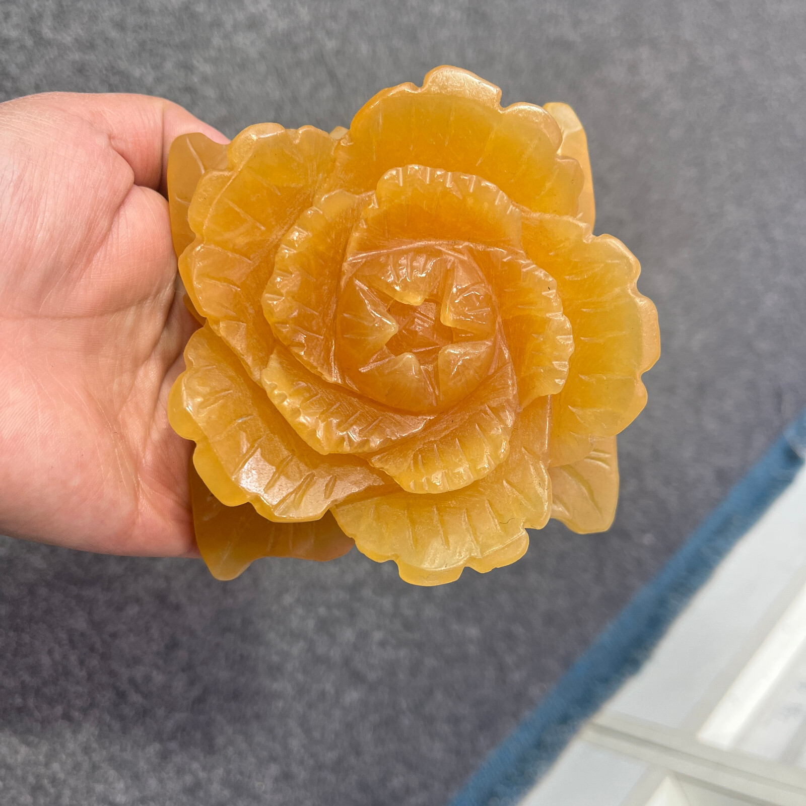 1PC Natural yellow calcite Quartz Carved Peony Flower Skull Crystal Reiki gift