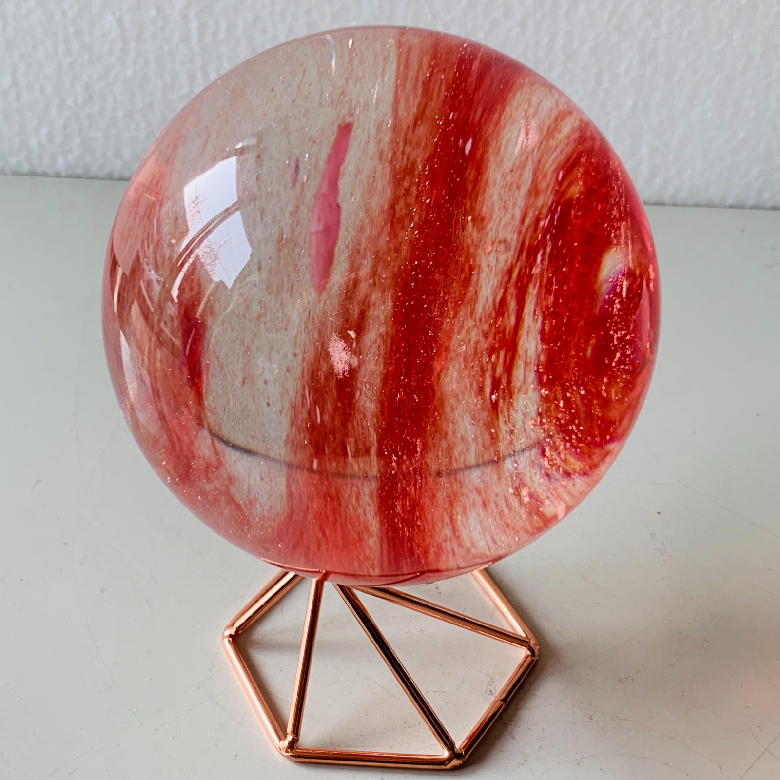 1.5LB Red Smelting Stone Quartz Sphere Crystal Energy Ball Reiki Gem+stand A22