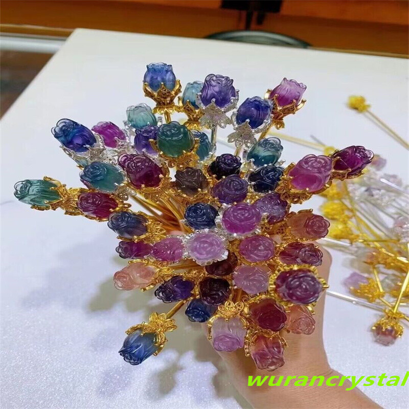 5pc Natural fluorite Rose flower skull carving quartz crystal Reiki healing