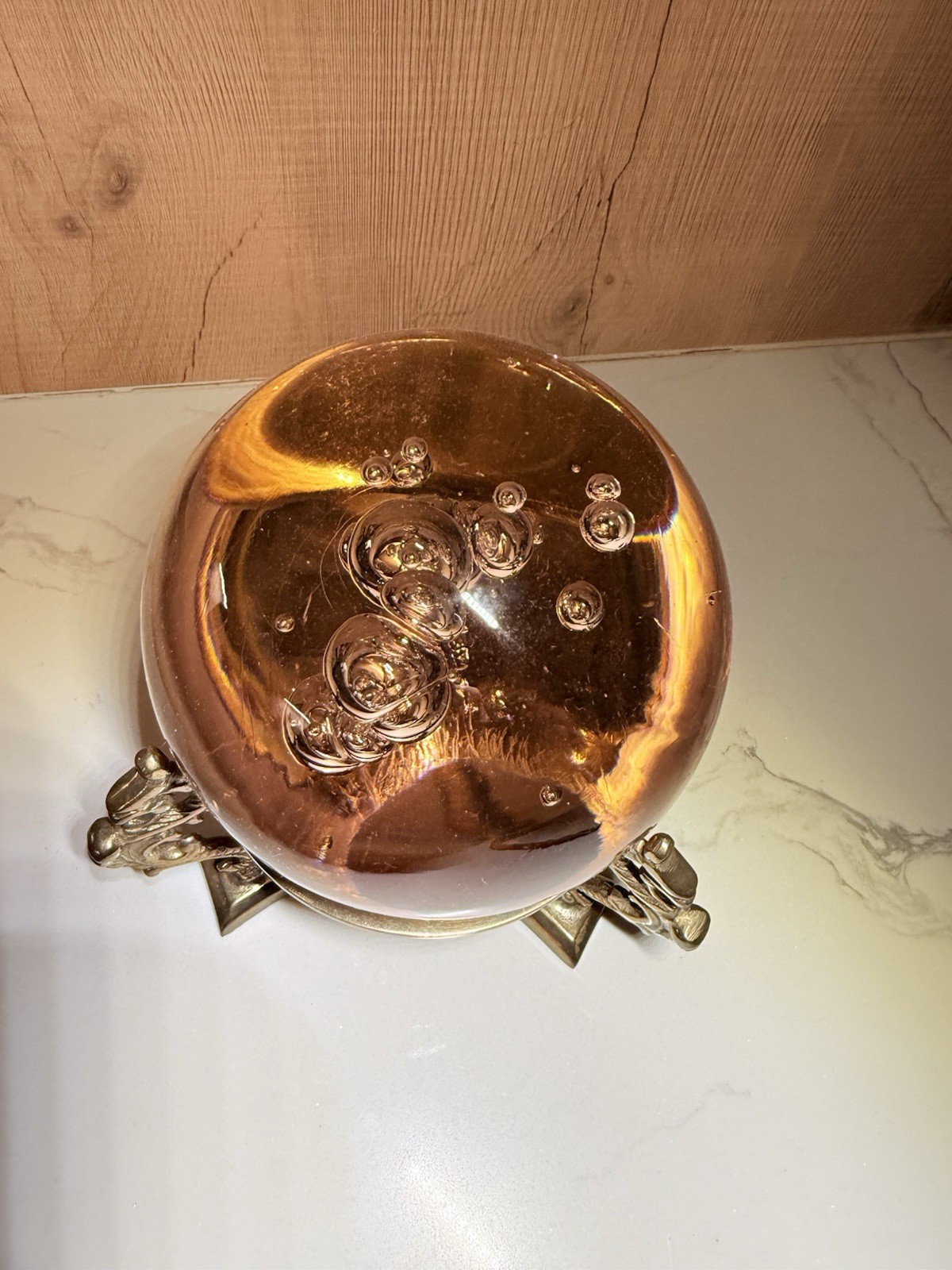 Large Vintage Lead Crystal Ball Sphere on Ornate Dragon Brass Stand