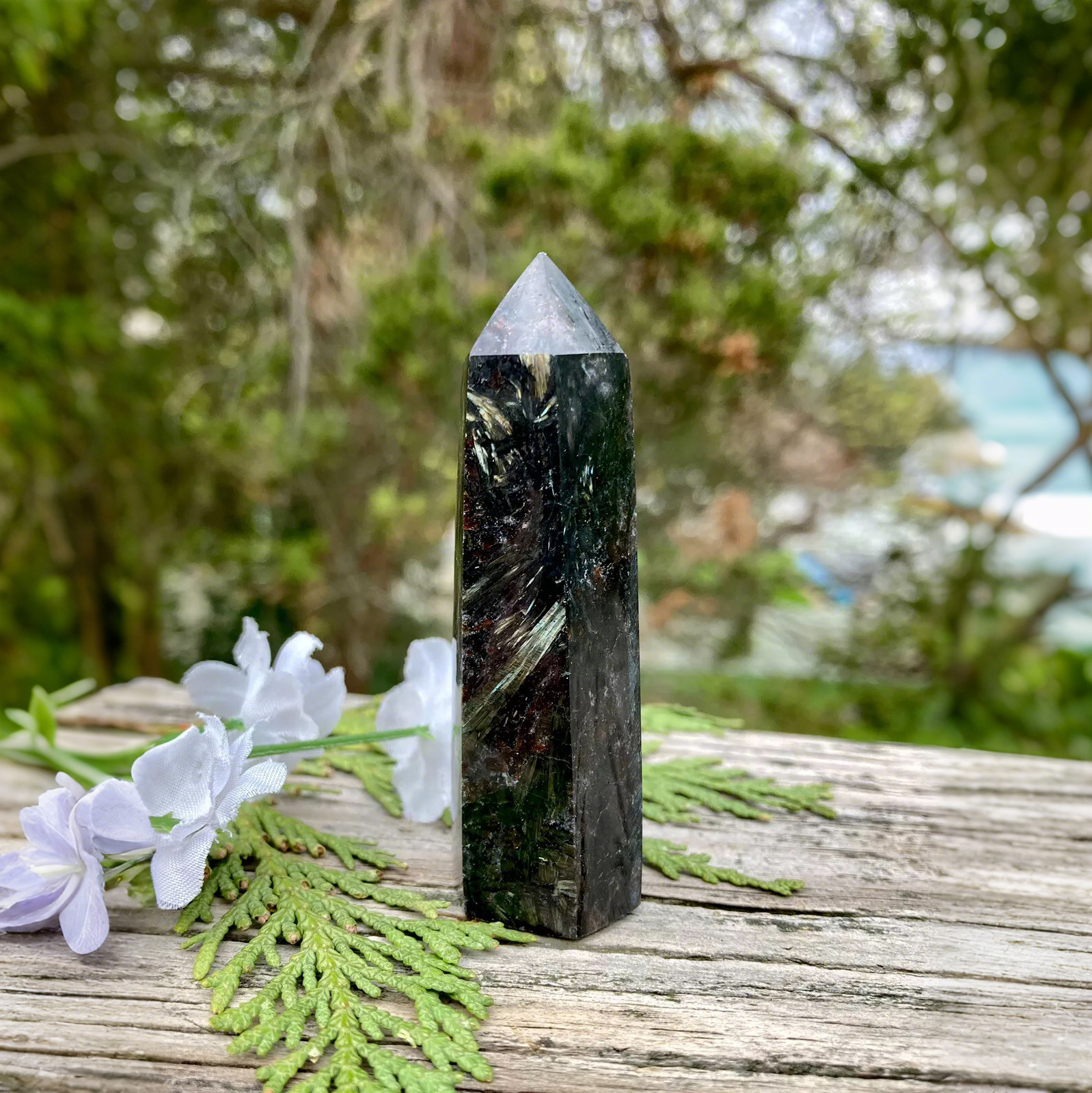 Natural Rare Arfvedsonite Tower Point Hexagon Polished Wand Obelisk Stone Decor