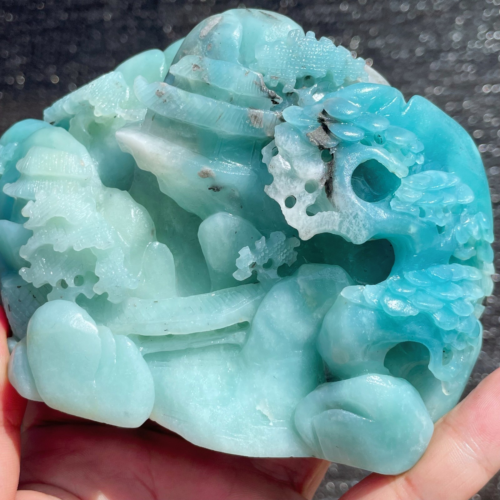 Natural Amazonite Quartz Crystal Hand-Carved Mountain Scenery Sculpture 1.6LB