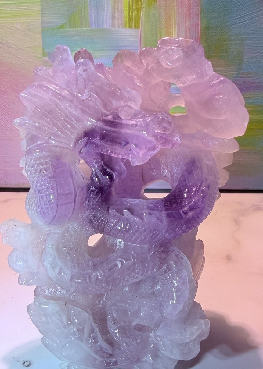 Purple Carved Crystal Dragon Sculpture Mineral Display Specimen Statue 6 in Tall