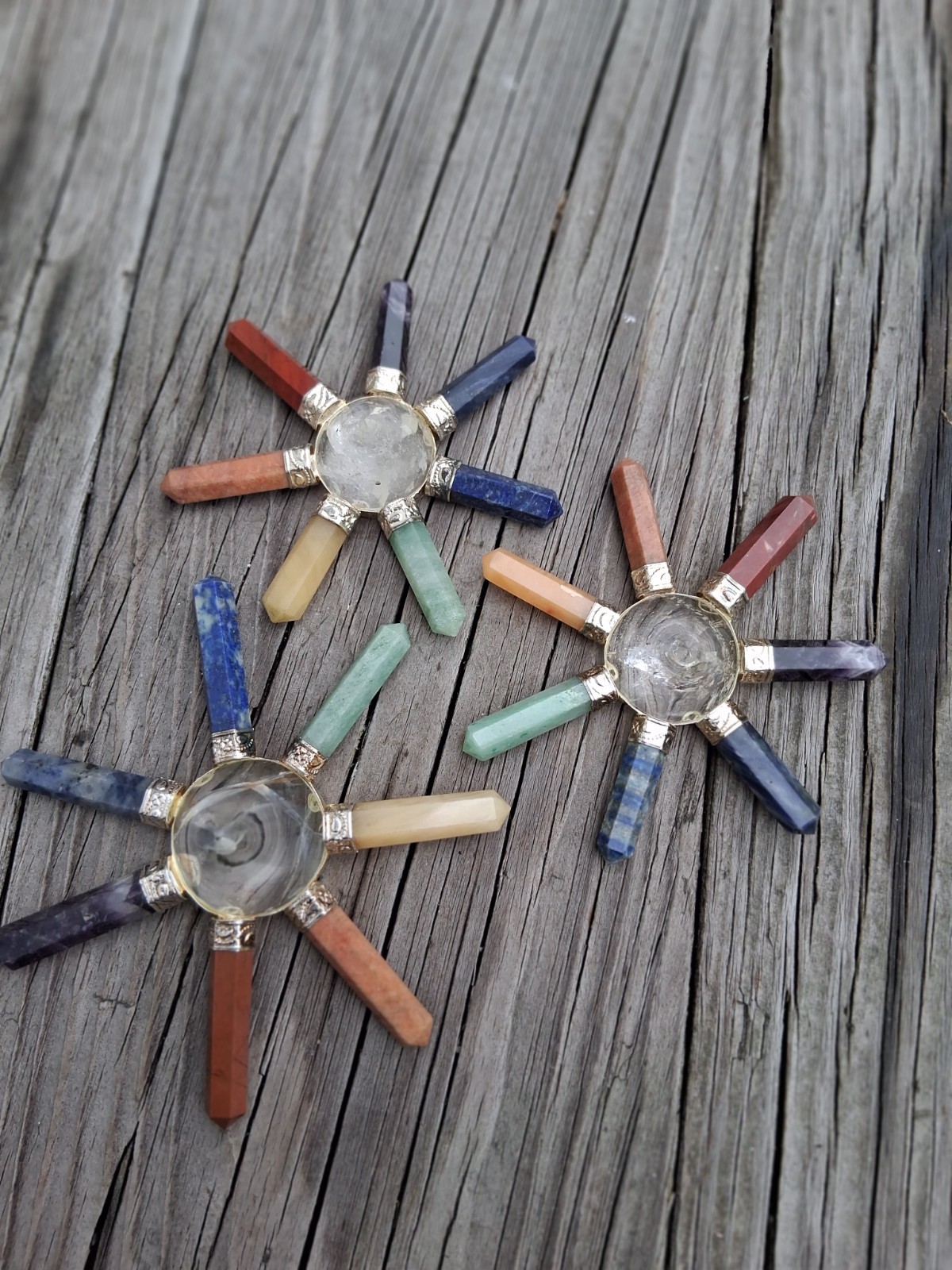 7 Chakra Stones w. Energy Focusing Center Crystal Cone Silver Band Set Of 3