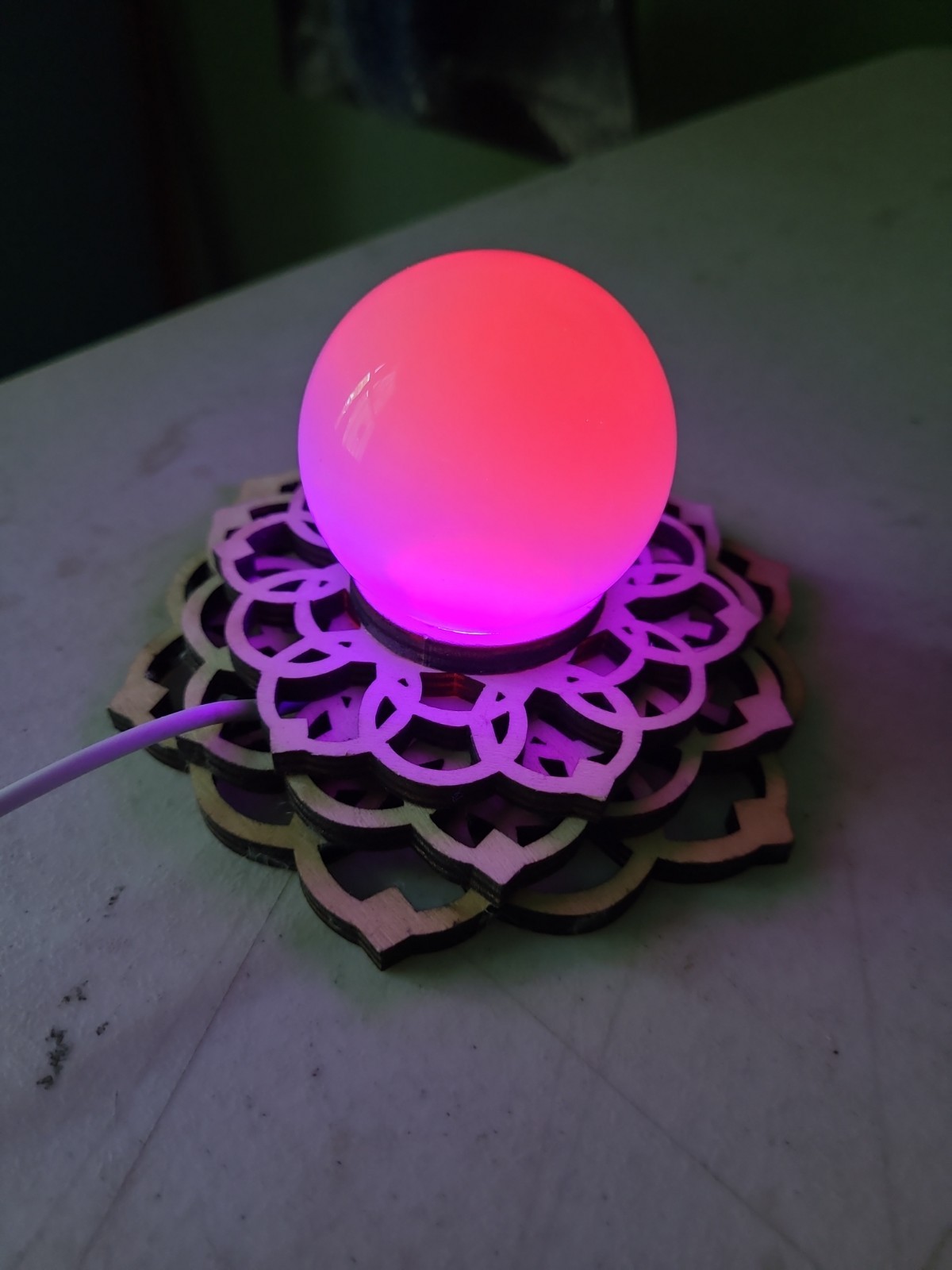 Mandala Light Stand W/ Opalite Sphere & Charger. Sphere Changes Colors When On