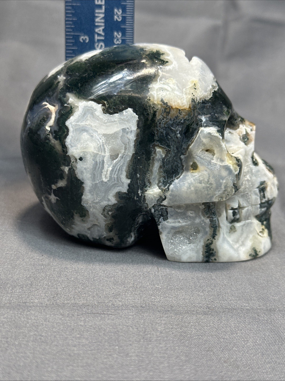 Green Moss Agate Geode Crystal Skull 4.5” Carving With Natural Druzy Pocket 1.15