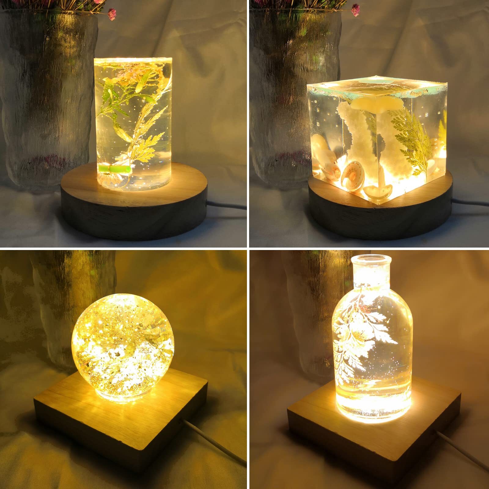 2 Pack LED Wooden Display Base Stand for Crystal Glass Art Resin Cylinder Lamp
