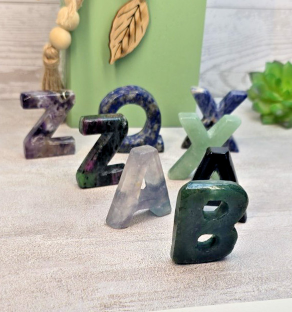 8 Large 1.5″ Carved Gemstone Letters Crystal Initials Sodalite Obsidian