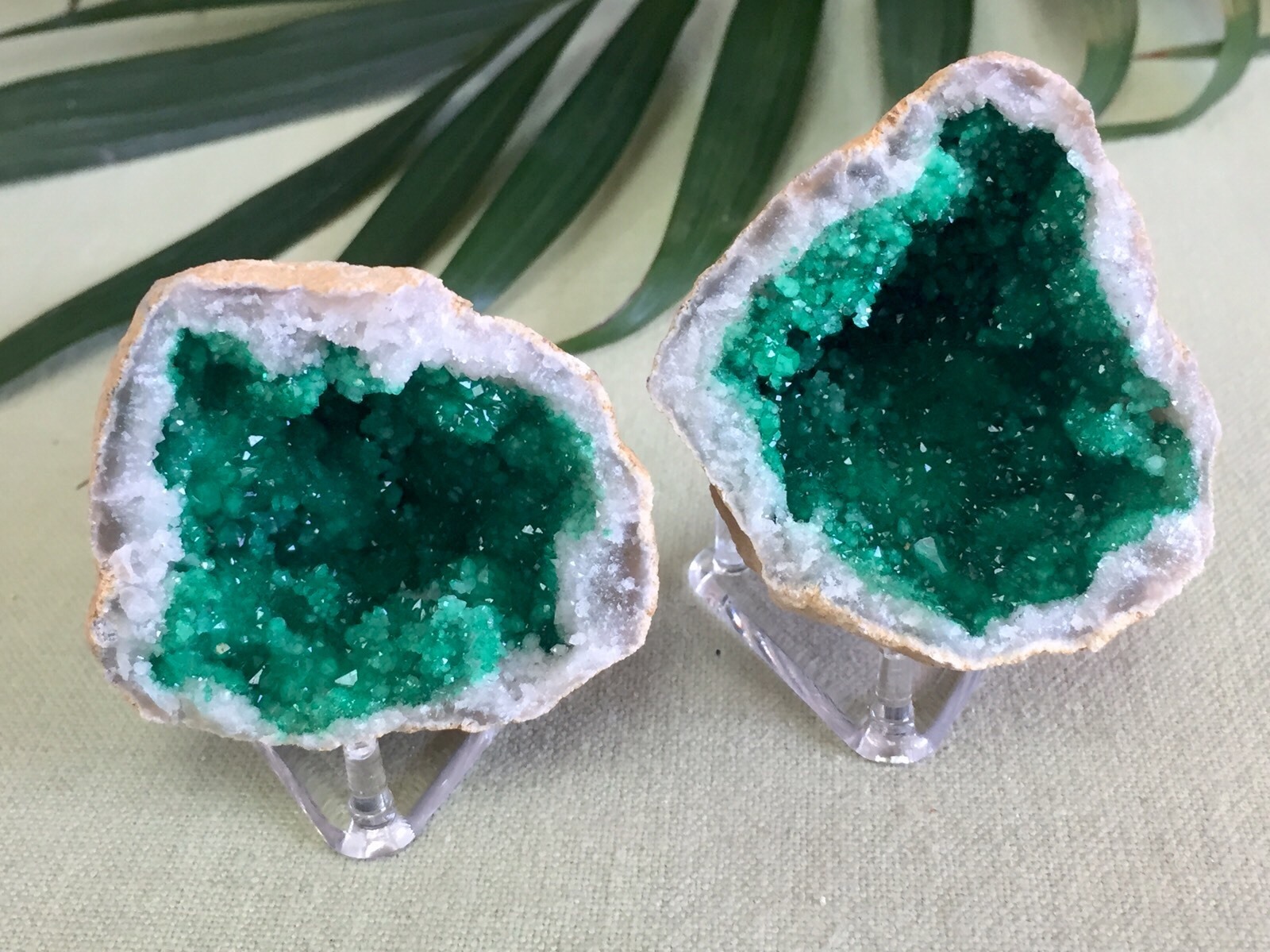 Green Geode Pair Geode Crystal Quartz Druze Specimen Morocco Geode Half
