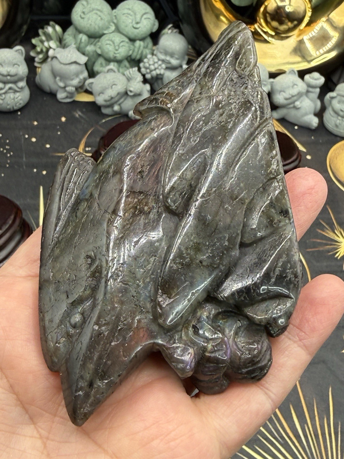 Natural Labradorite harbor porpoise Carving w/ custom stand Rainbow/Purple Fash