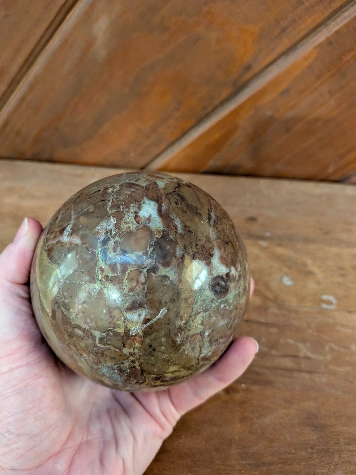Vintage Polished Marble Stone Sphere Carpet Ball Gray and Brown Tan 3″
