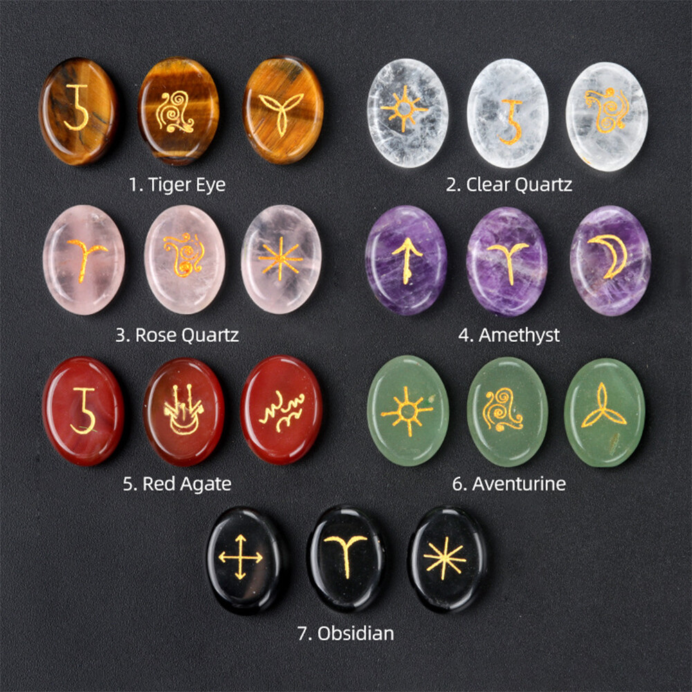 13x Natural Chakra Crystal Runes Stone Carved Witches Pagan Wiccan Healing Reiki
