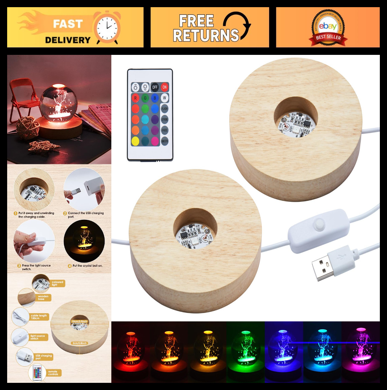 2pcs LED Color Changing Light Base – Adjustable 7 Colors Display Stand with Remo