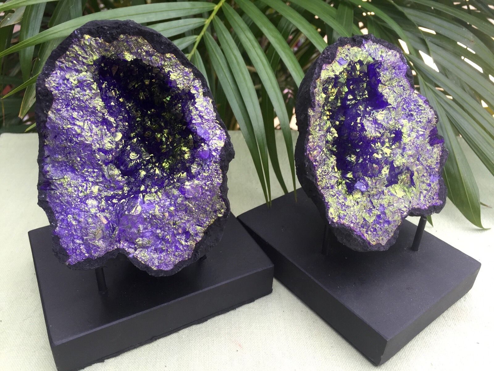 Large Purple Geode Pair W/Stands Crystal Geode Quartz Moroccan Geode Half Open.