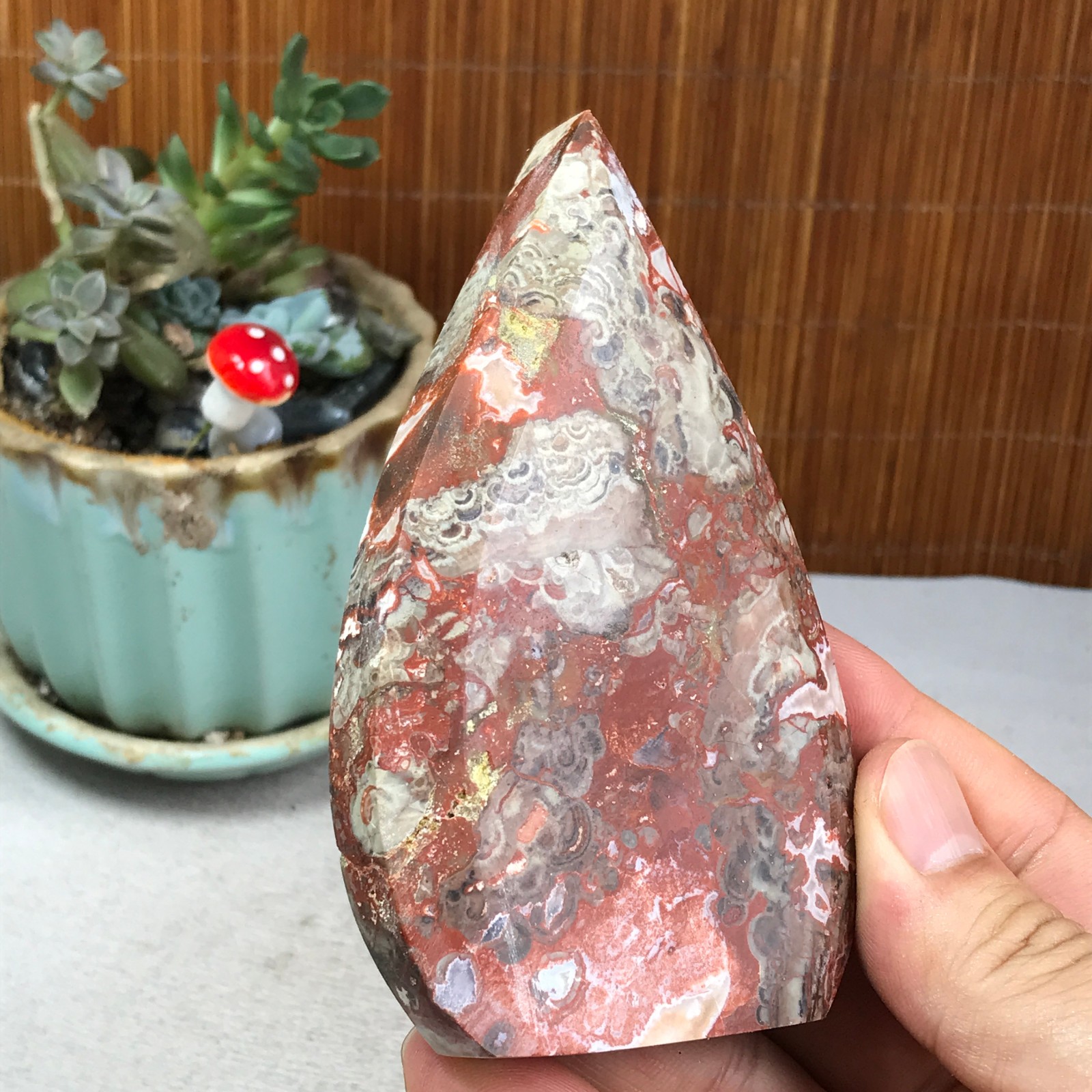 Natural money Mexico agate hand carve leaf Crystal Specimen free standing A6255
