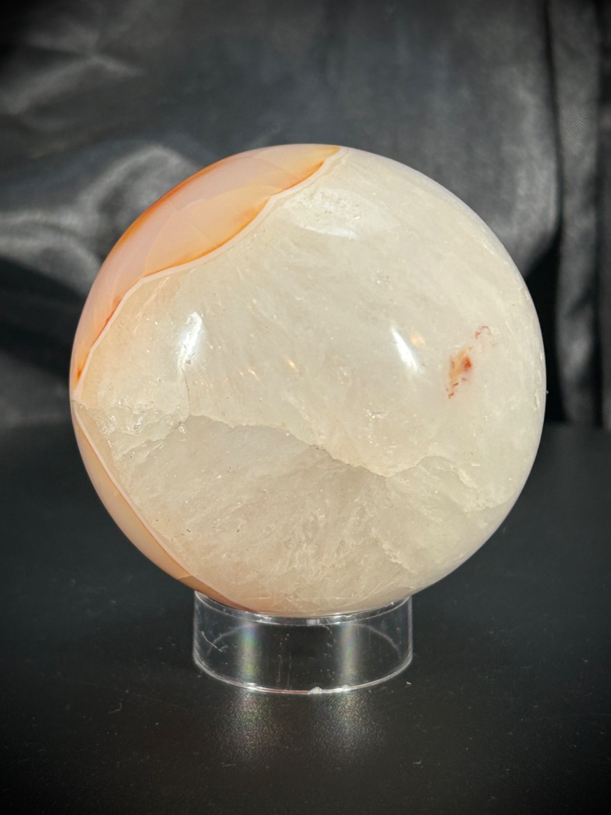 2.6″ Carnelian And Quartz Sphere With Acrylic Stand 14.3oz (405 grams)