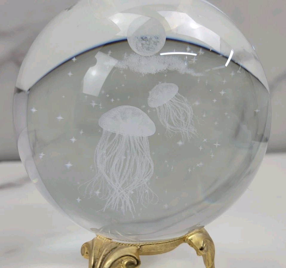 Jellyfish Crystal Ball No Stand, 3D Laser Engraved Glass Sphere Decorative Ball