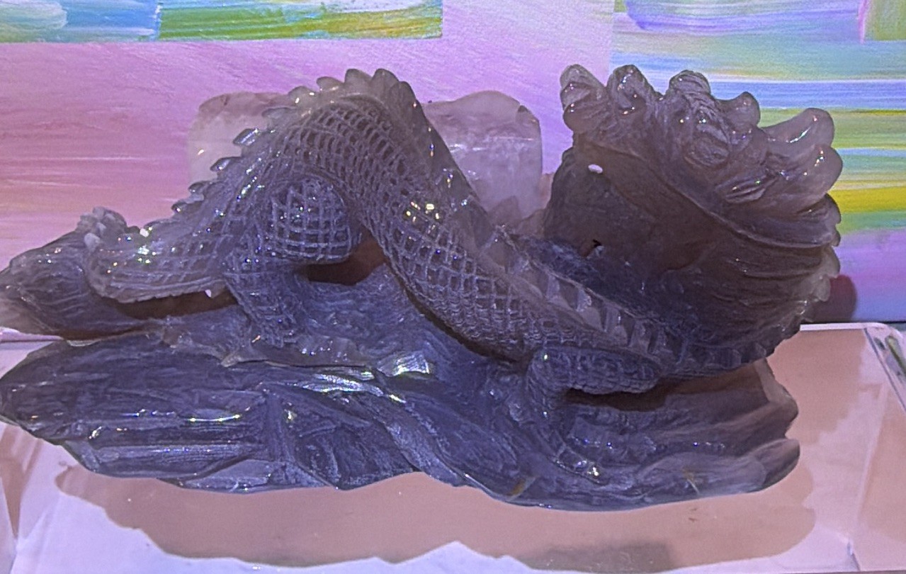 Carved Dragon Figure on Quartz Crystal Cluster Base Decorator Piece, 6 in